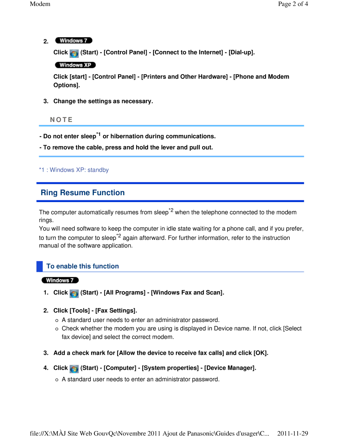 Panasonic CF-53ASUZX1M manual Ring Resume Function, To enable this function 