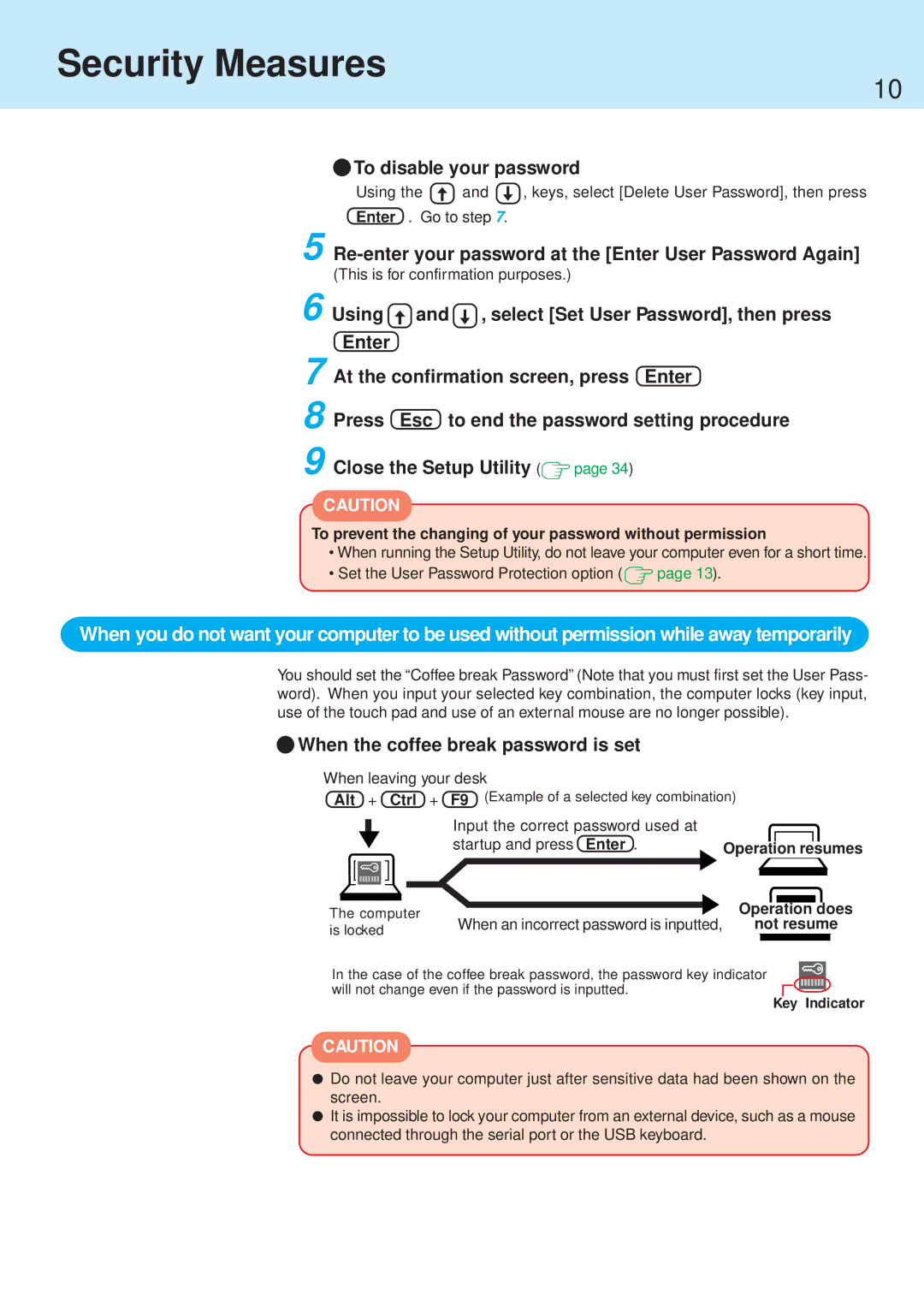 Panasonic CF-71 manual Security Measures, To disable your password, Re-enter your password at the Enter User Password Again 