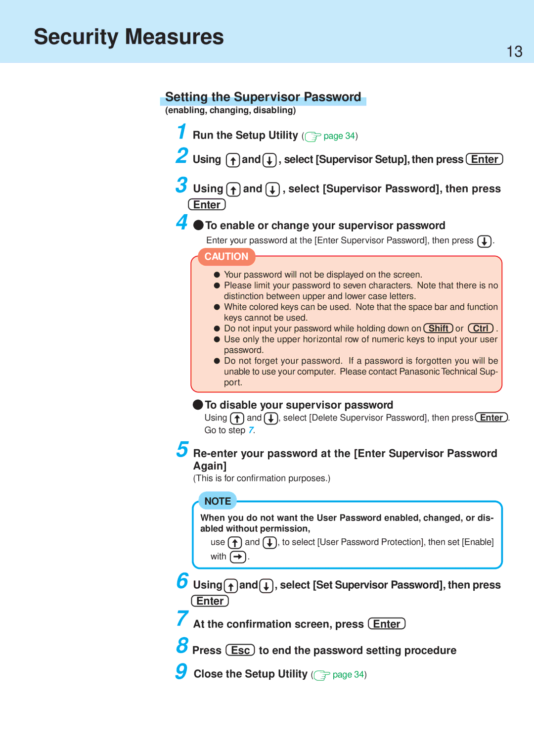 Panasonic CF-71 manual Setting the Supervisor Password, To disable your supervisor password, Enabling, changing, disabling 