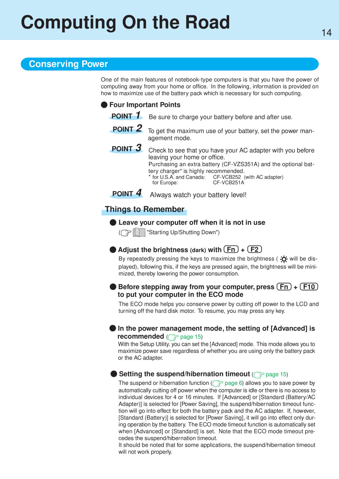 Panasonic CF-71 manual Computing On the Road, Conserving Power, Things to Remember 