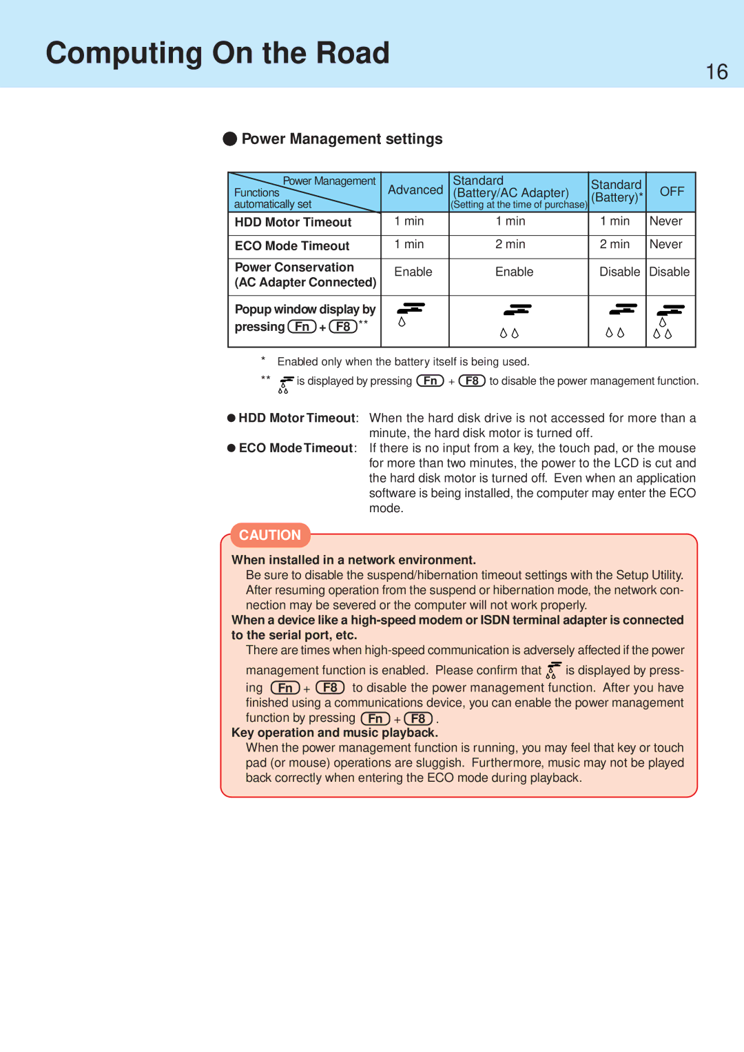 Panasonic CF-71 manual Power Management settings 