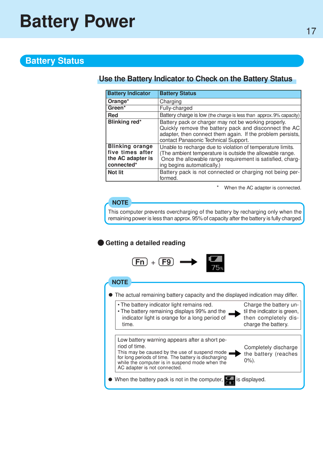 Panasonic CF-71 manual Battery Power, Use the Battery Indicator to Check on the Battery Status, Fn + F9 