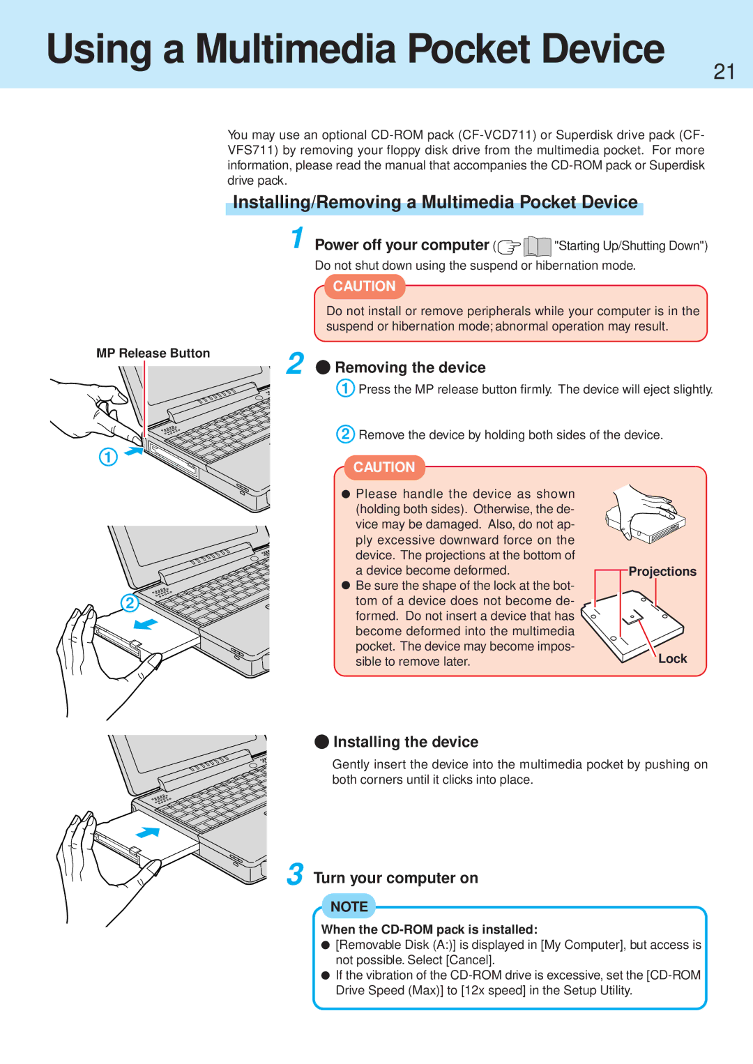 Panasonic CF-71 manual Using a Multimedia Pocket Device, Installing/Removing a Multimedia Pocket Device 