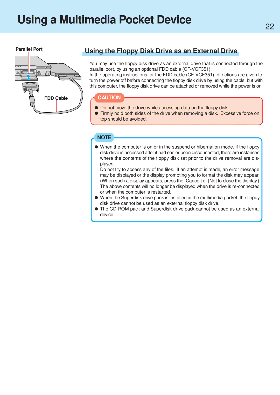 Panasonic CF-71 manual Using a Multimedia Pocket Device, Using the Floppy Disk Drive as an External Drive, Parallel Port 