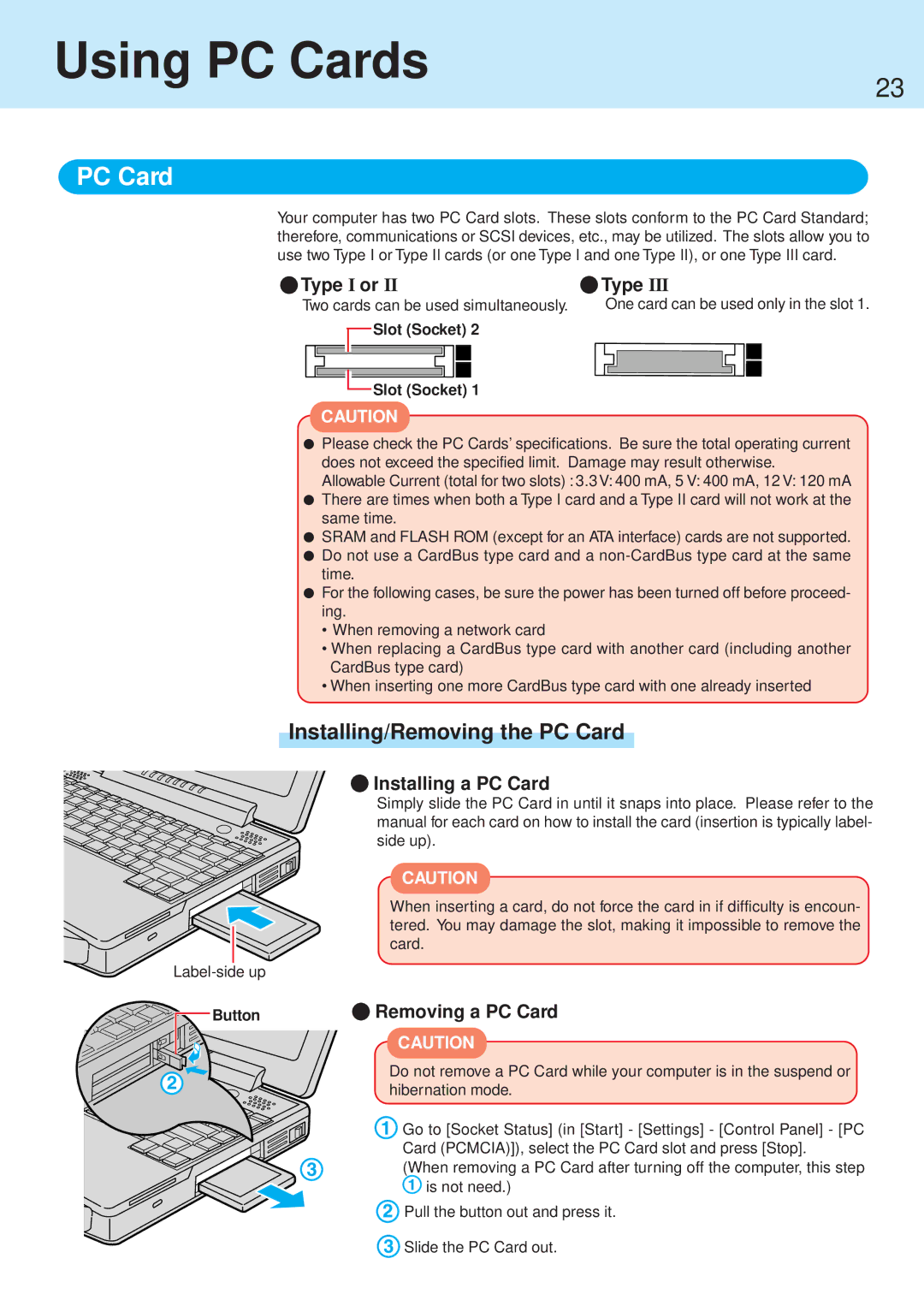 Panasonic CF-71 manual Using PC Cards, Installing/Removing the PC Card, Type I or, Installing a PC Card 