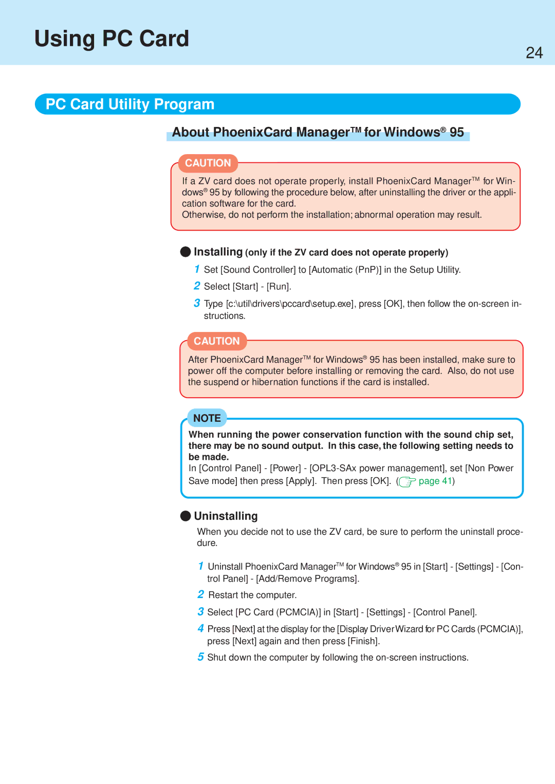 Panasonic CF-71 manual Using PC Card, PC Card Utility Program, About PhoenixCard ManagerTM for Windows, Uninstalling 