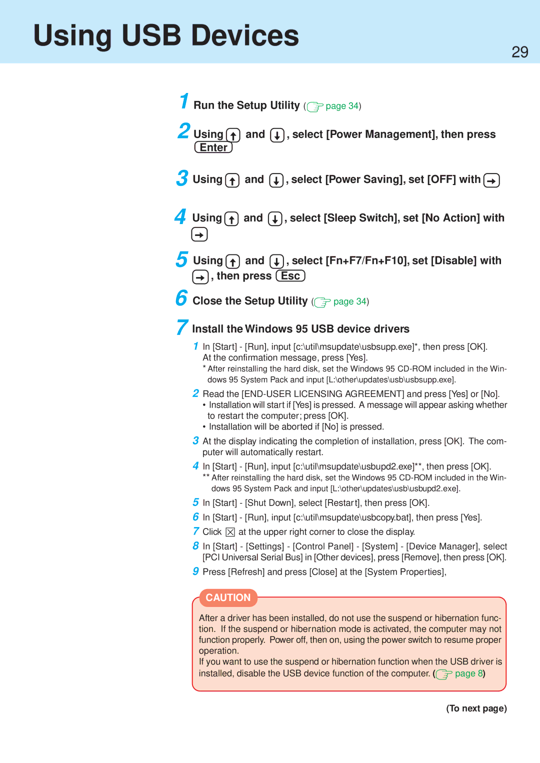 Panasonic CF-71 manual Using USB Devices, Run the Setup Utility Using Enter 