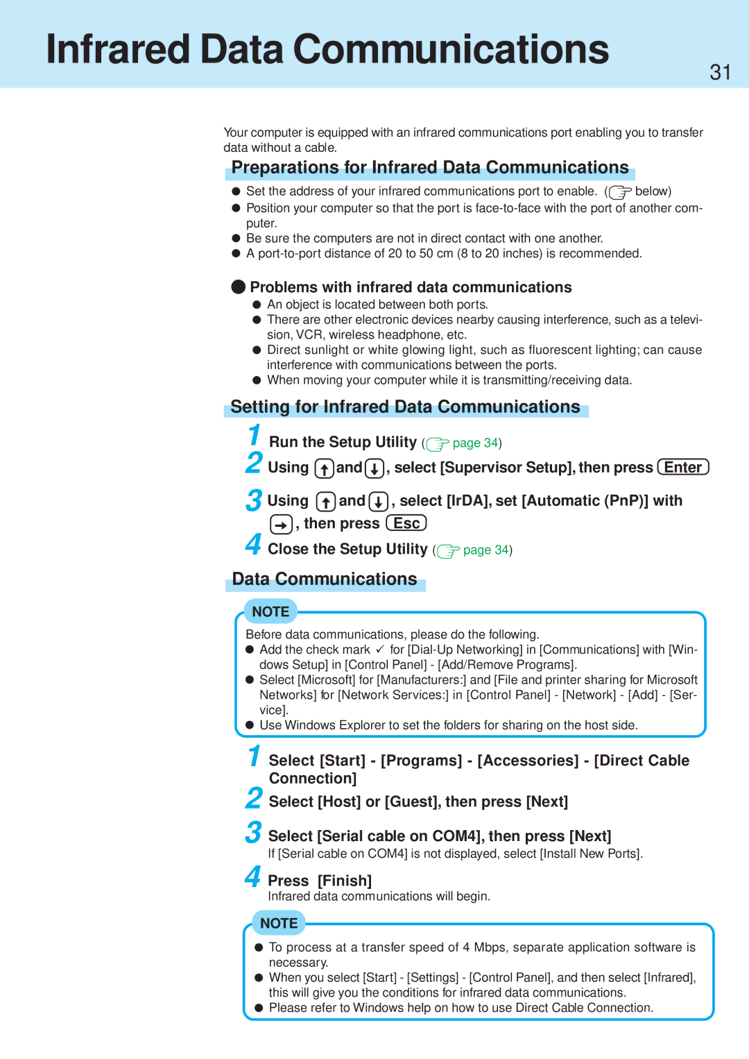 Panasonic CF-71 manual Preparations for Infrared Data Communications, Setting for Infrared Data Communications 