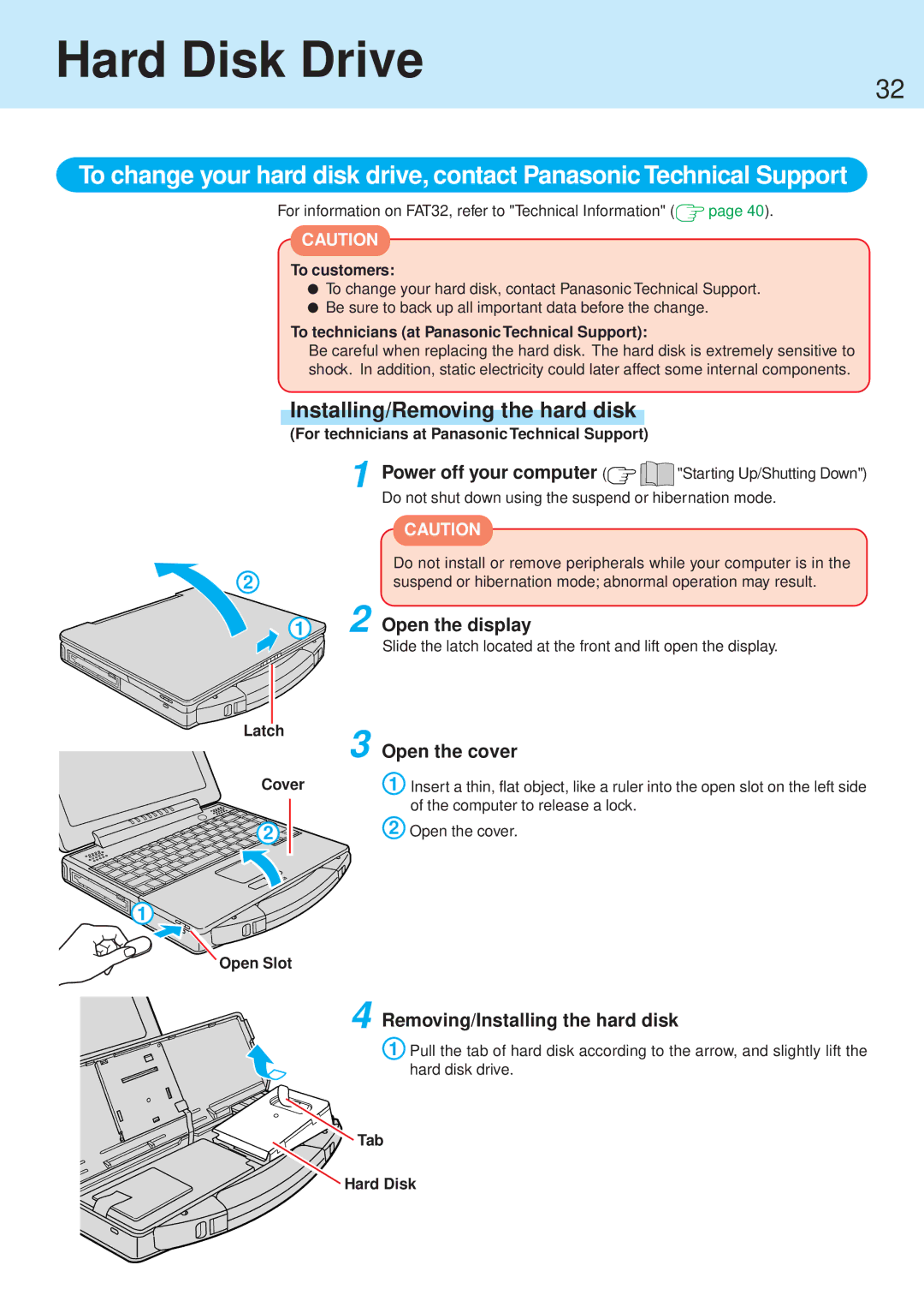 Panasonic CF-71 manual Hard Disk Drive, Installing/Removing the hard disk, Removing/Installing the hard disk 