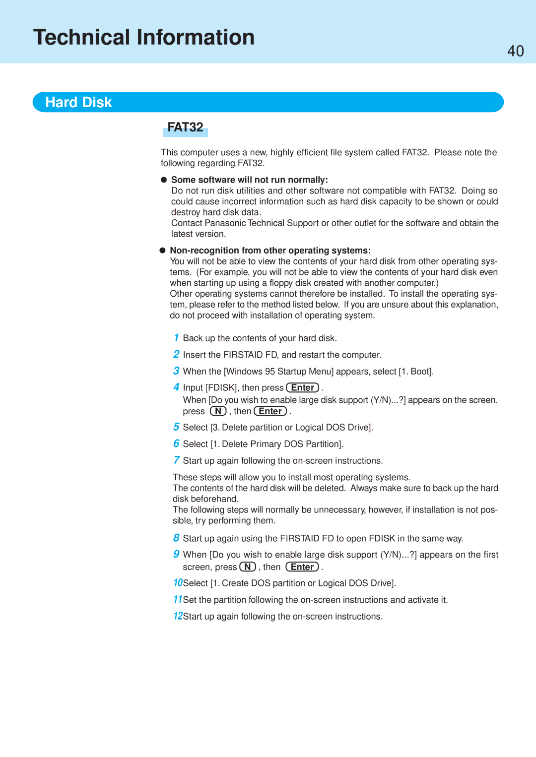 Panasonic CF-71 manual Technical Information, Hard Disk, Some software will not run normally 