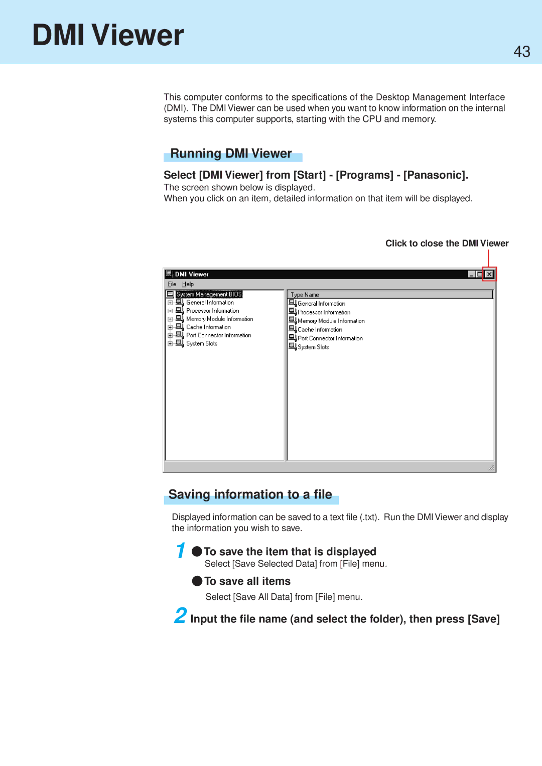 Panasonic CF-71 manual Running DMI Viewer, Saving information to a file 