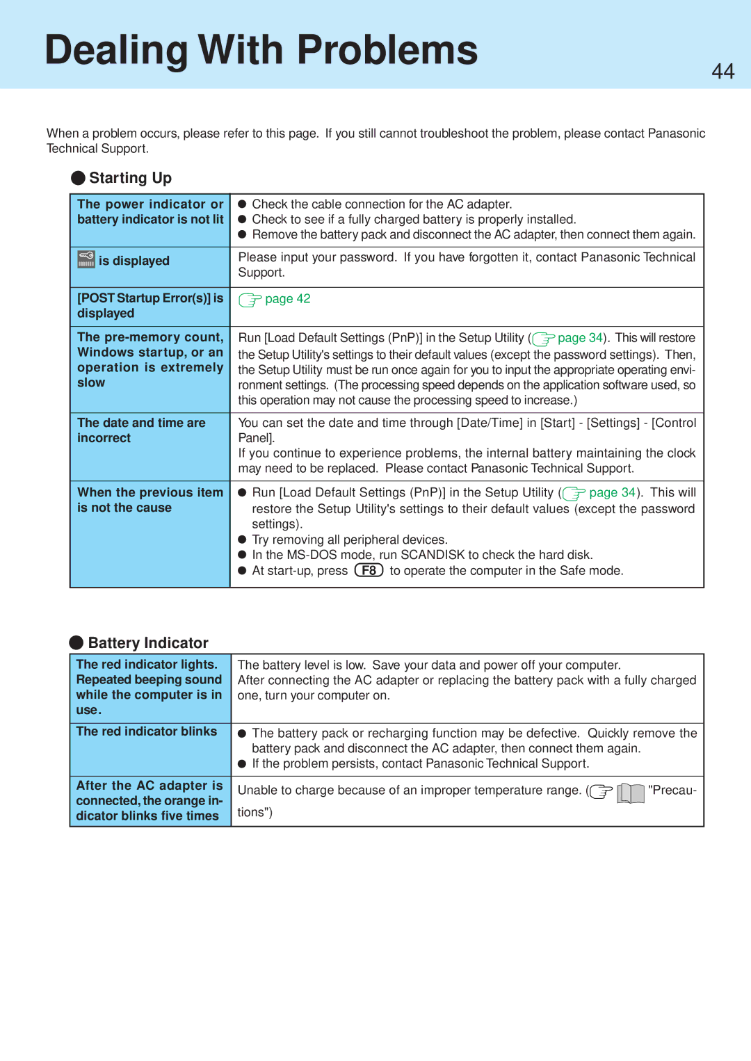 Panasonic CF-71 manual Dealing With Problems, Starting Up, Battery Indicator 