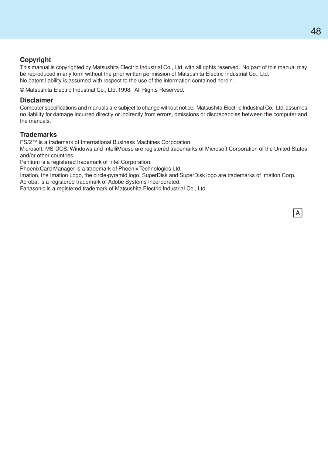 Panasonic CF-71 manual Copyright, Disclaimer Trademarks 