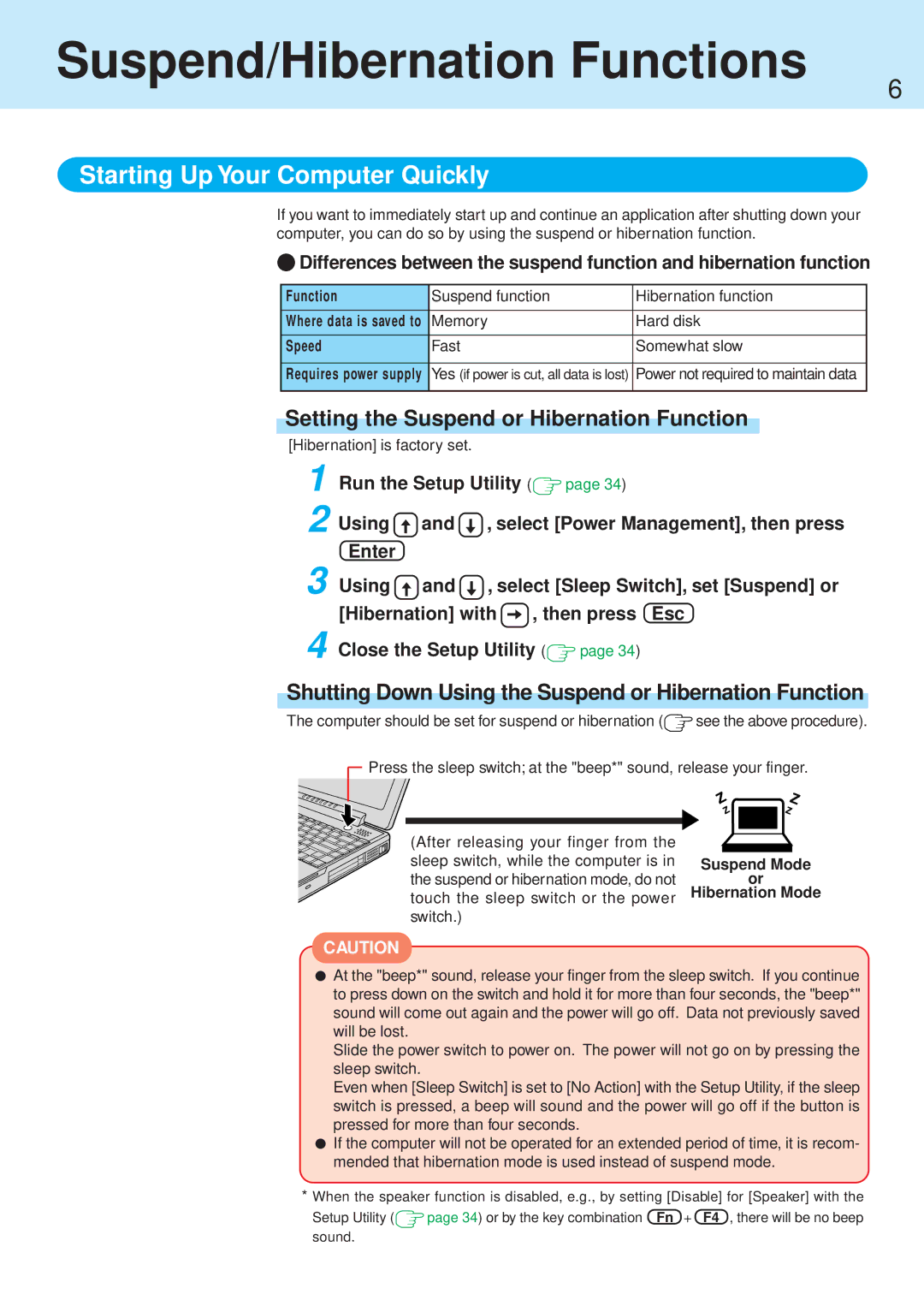 Panasonic CF-71 manual Suspend/Hibernation Functions, Starting Up Your Computer Quickly 