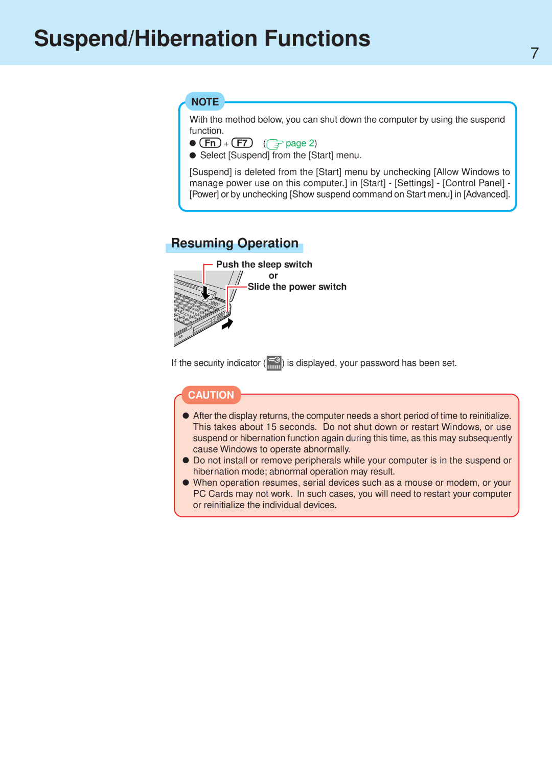 Panasonic CF-71 manual Suspend/Hibernation Functions, Resuming Operation, Push the sleep switch or Slide the power switch 