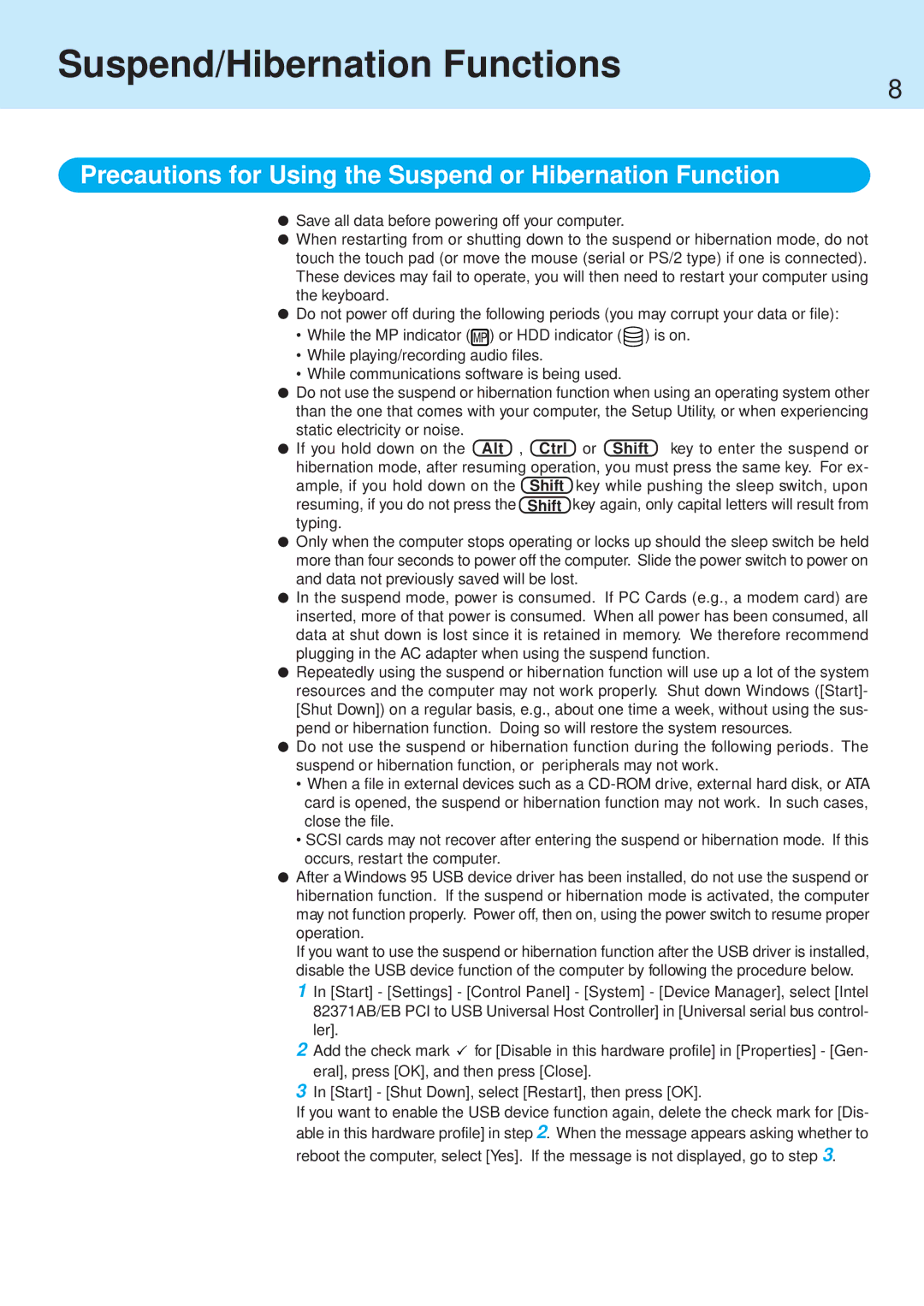 Panasonic CF-71 manual Precautions for Using the Suspend or Hibernation Function 