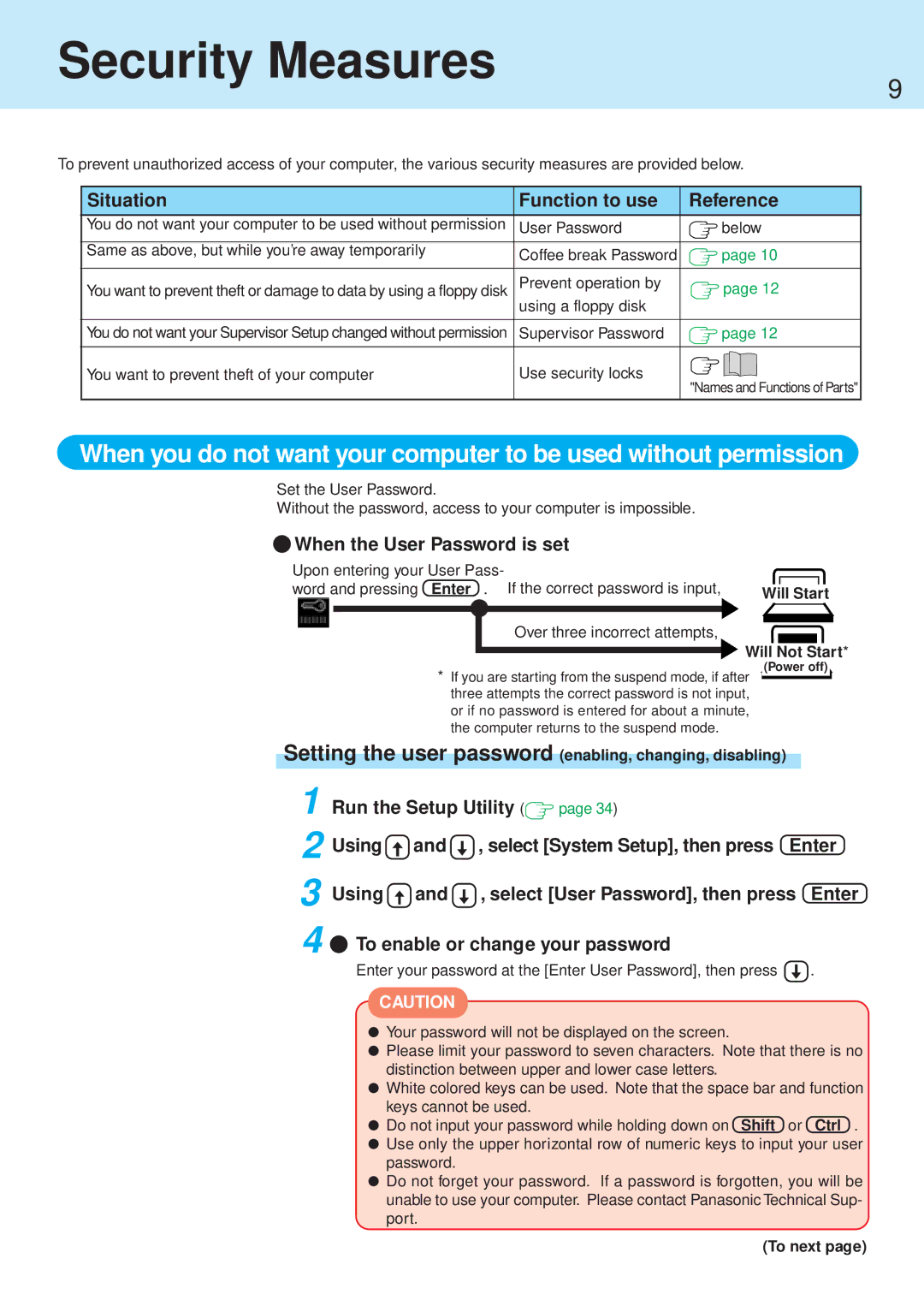 Panasonic CF-71 manual Security Measures, Situation Function to use Reference, When the User Password is set 