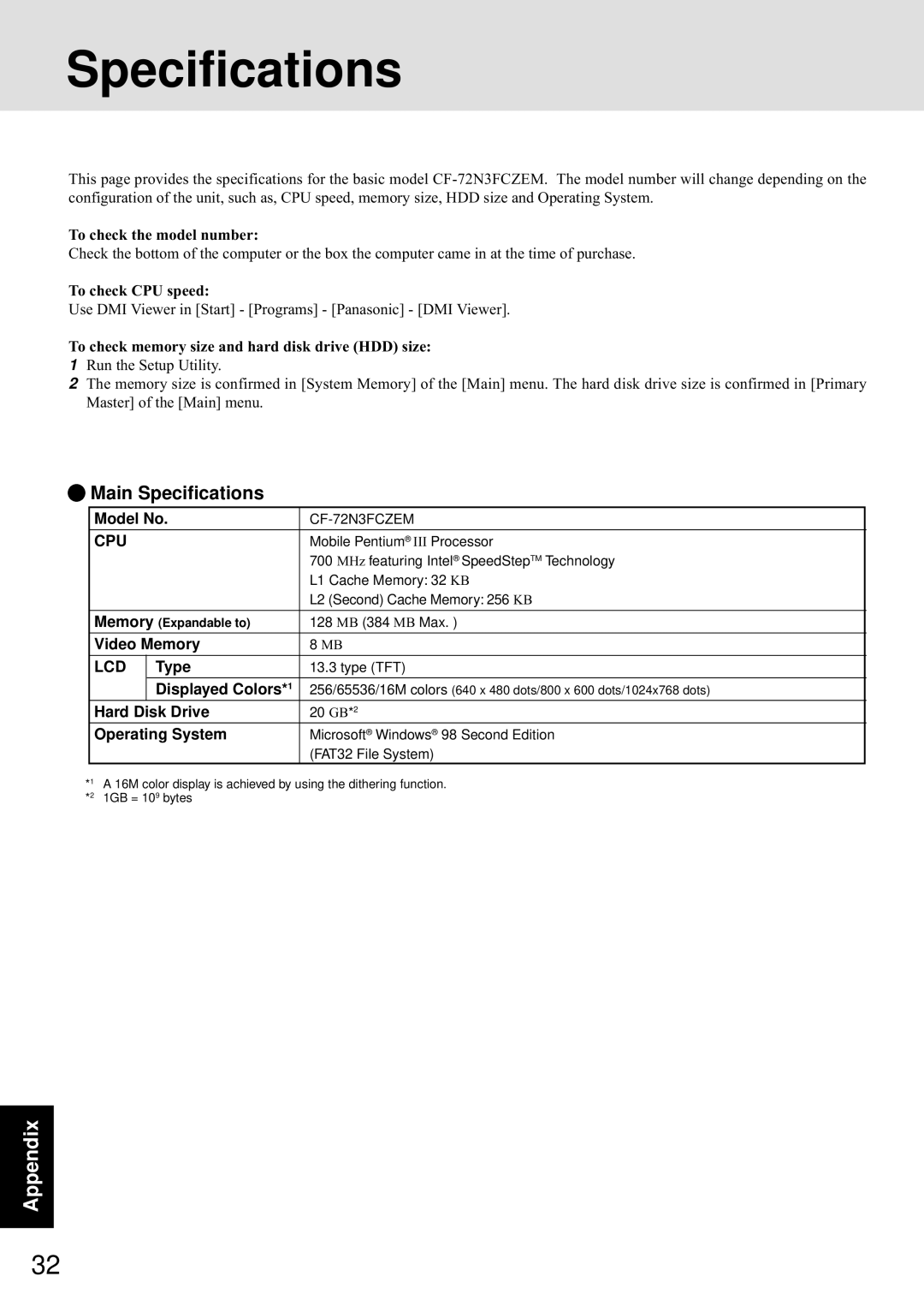 Panasonic CF-72 Series P appendix Main Specifications 