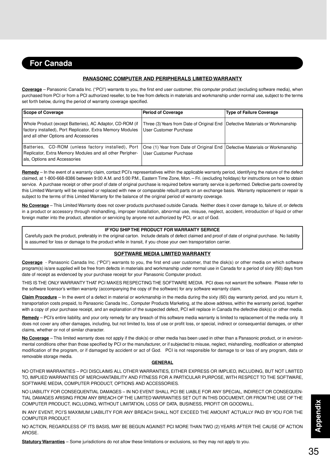 Panasonic CF-72 Series P appendix Panasonic Computer and Peripherals Limited Warranty 