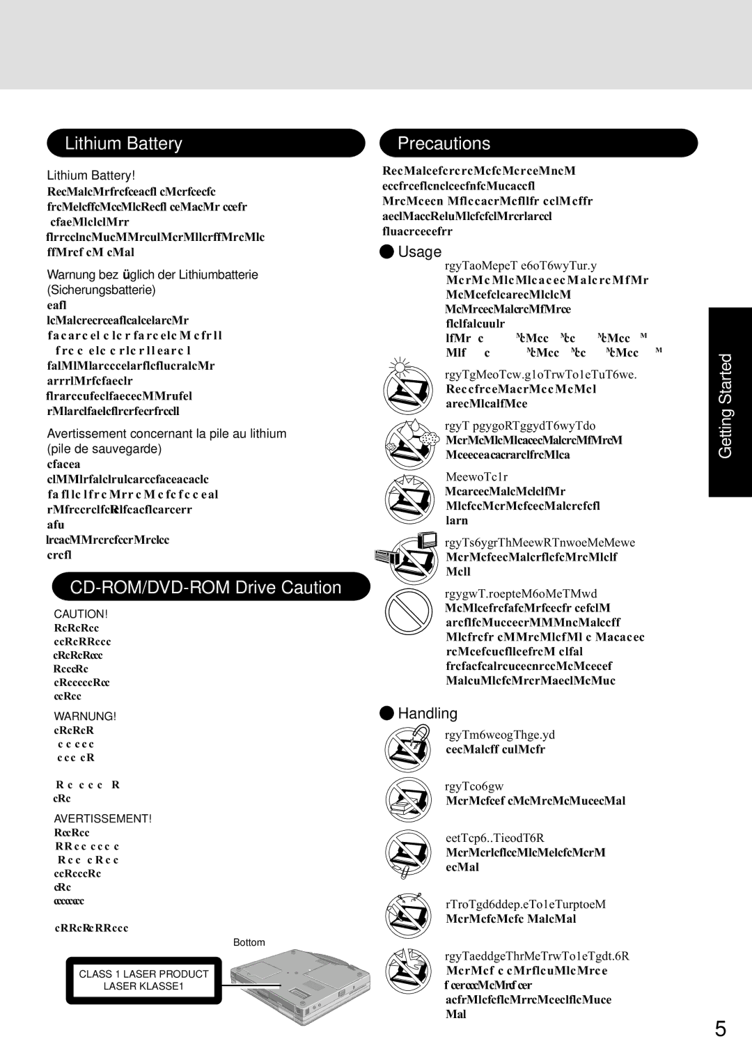 Panasonic CF-72 Series P appendix Lithium Battery, CD-ROM/DVD-ROM Drive Caution, Precautions, Usage, Handling 