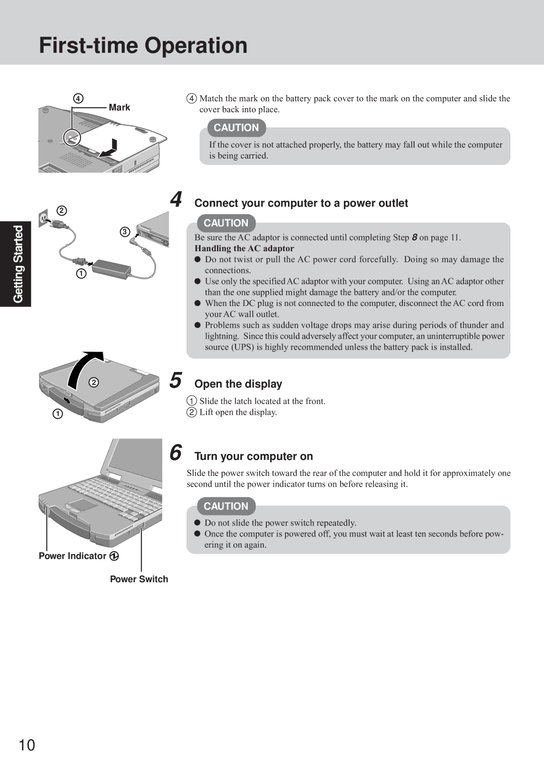 Panasonic CF-72 Series appendix First-time Operation, Connect your computer to a power outlet, Open the display 