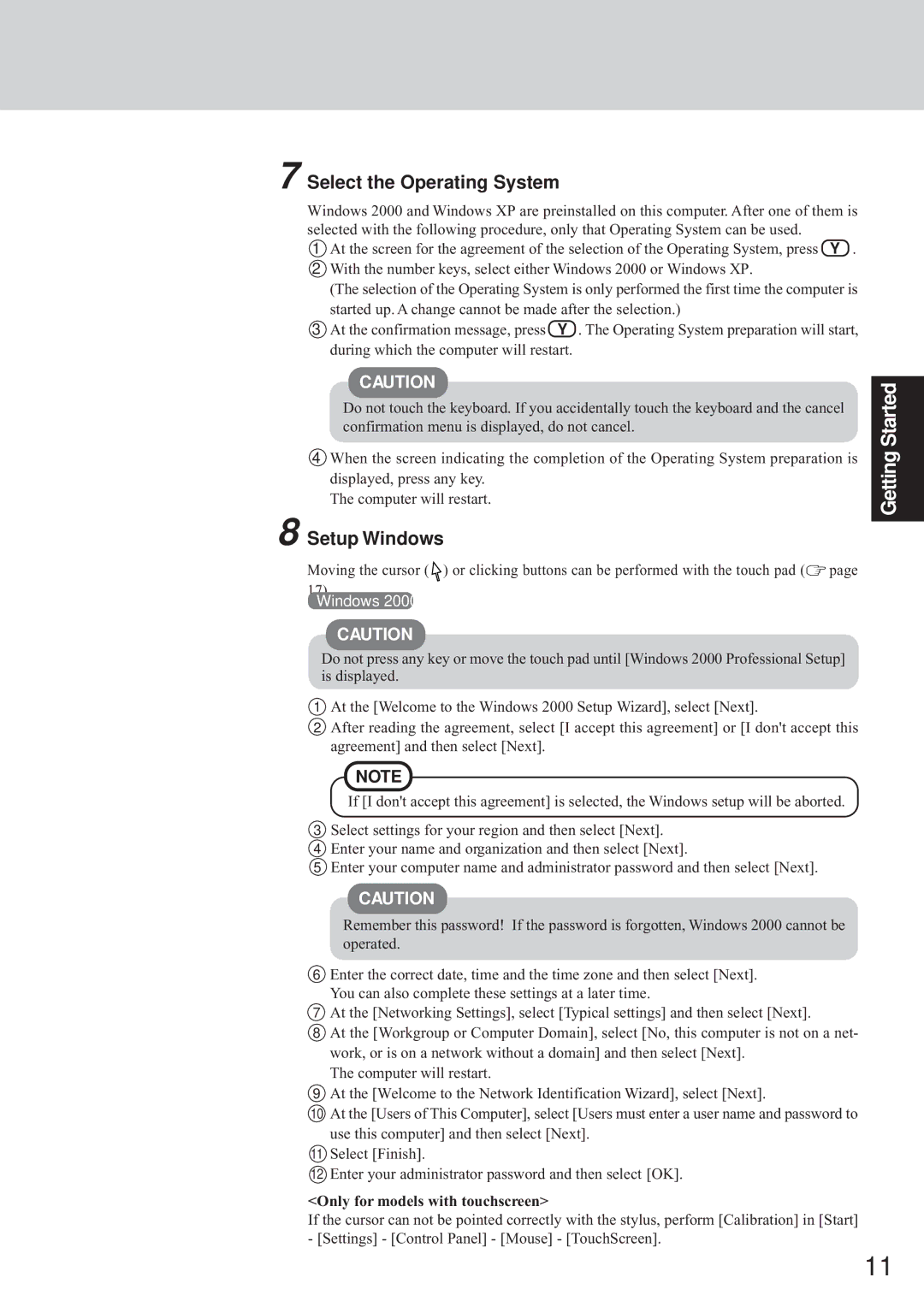 Panasonic CF-72 Series appendix Select the Operating System, Setup Windows, Only for models with touchscreen 