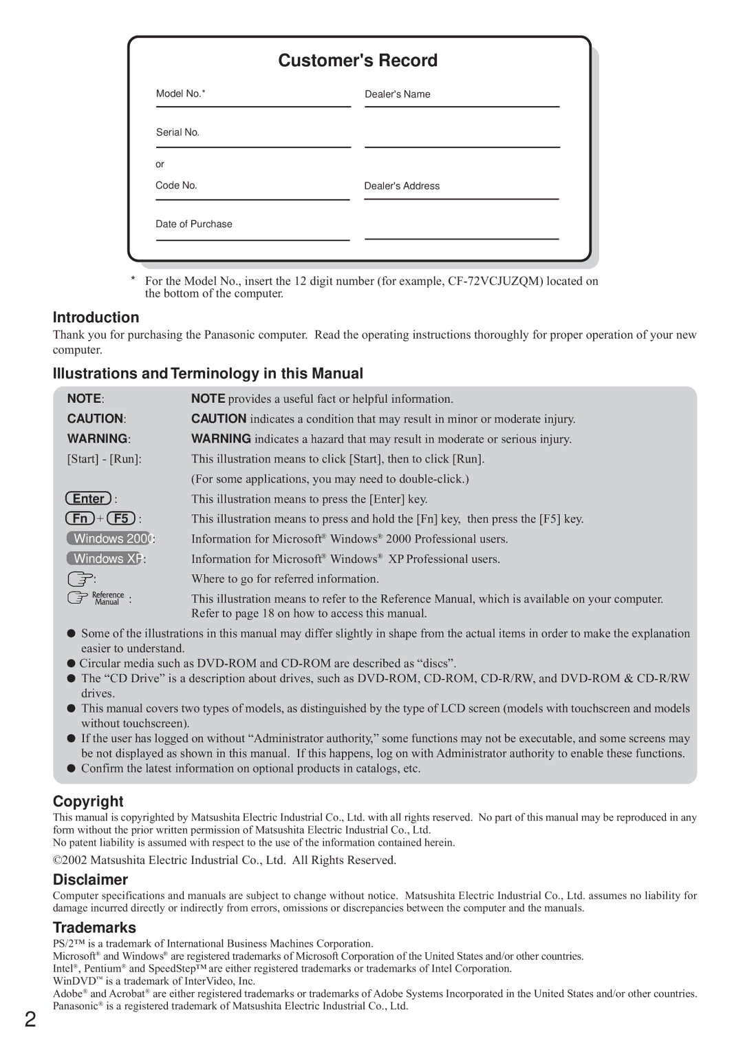 Panasonic CF-72 Series Introduction, Illustrations and Terminology in this Manual, Copyright, Disclaimer Trademarks 