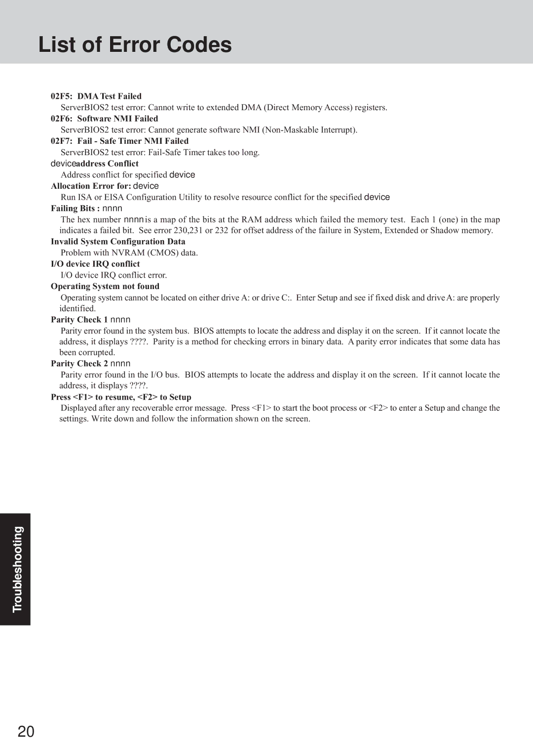 Panasonic CF-72 Series appendix List of Error Codes 