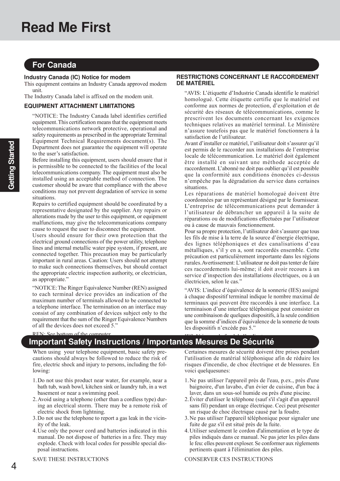 Panasonic CF-72 Series appendix Read Me First, For Canada, Industry Canada IC Notice for modem 