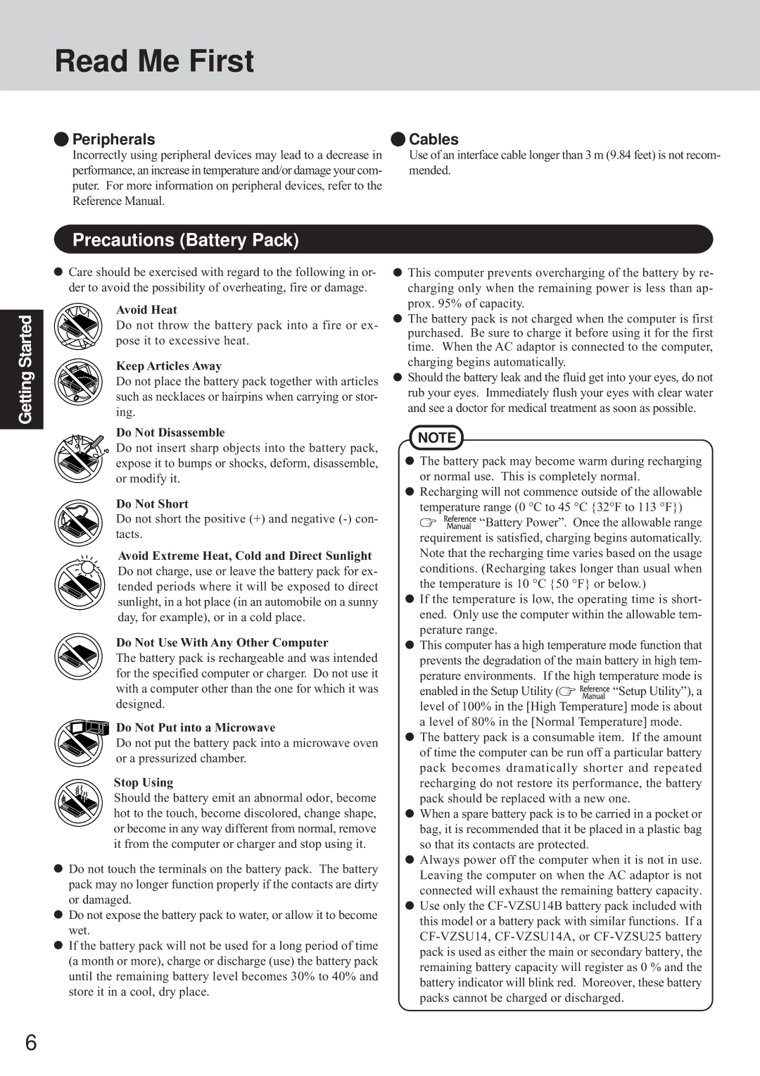 Panasonic CF-72 Series appendix Precautions Battery Pack, Peripherals Cables 