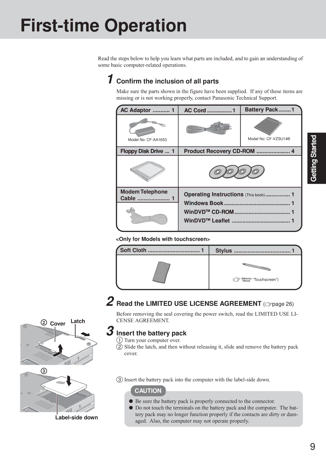 Panasonic CF-72 Series First-time Operation, Confirm the inclusion of all parts, Read the Limited USE License Agreement 