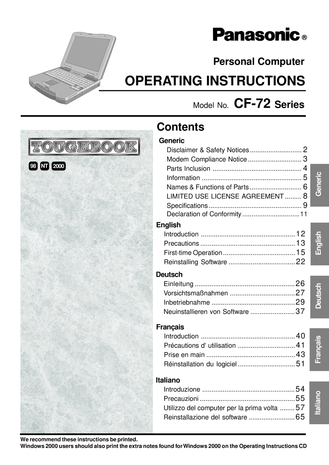 Panasonic CF-72 operating instructions Operating Instructions 