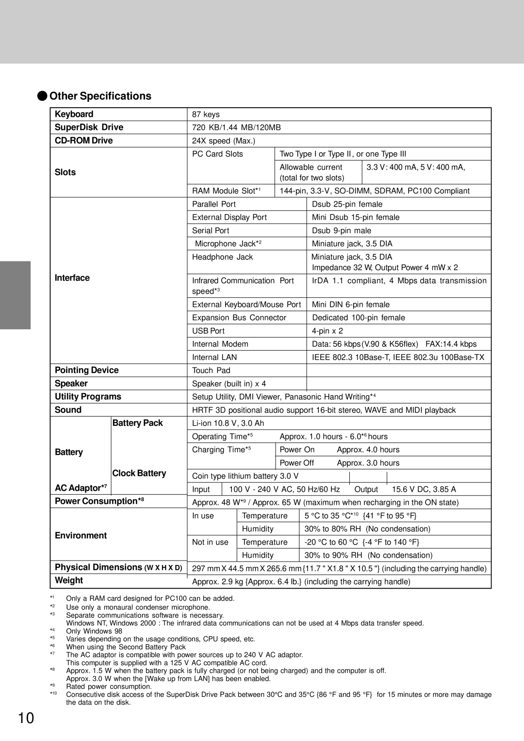 Panasonic CF-72 operating instructions Other Specifications 