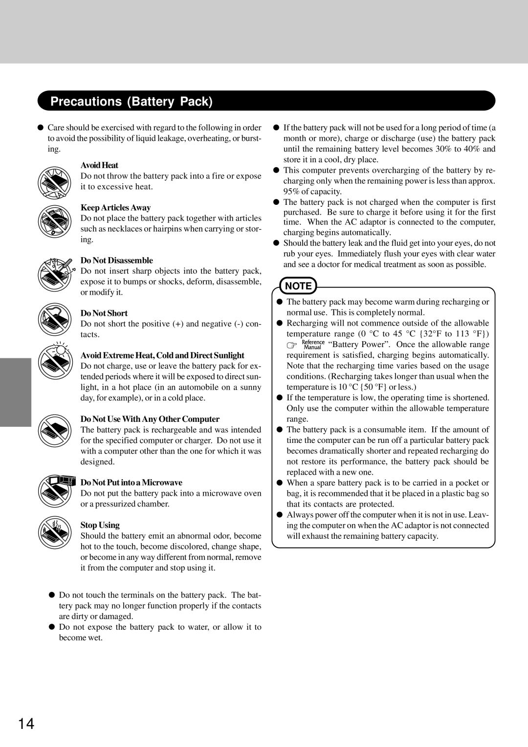 Panasonic CF-72 operating instructions Precautions Battery Pack 