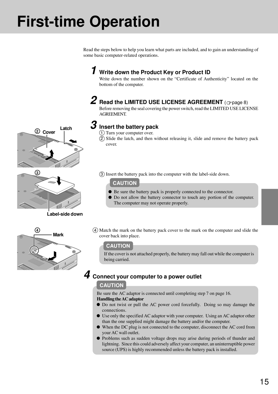 Panasonic CF-72 First-time Operation, Write down the Product Key or Product ID, Read the Limited USE License Agreement 