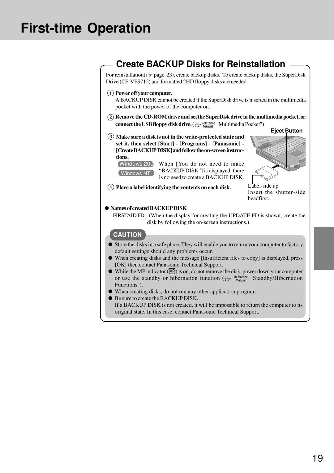 Panasonic CF-72 Power off your computer, Eject Button, Place a label identifying the contents on each disk 