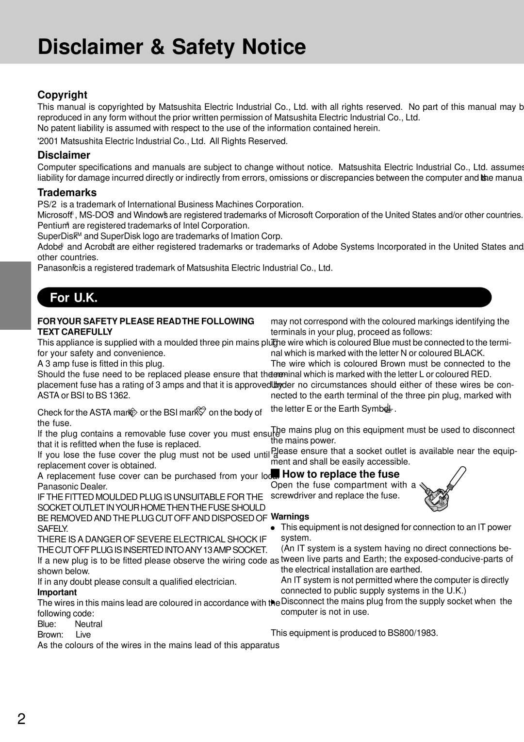 Panasonic CF-72 Disclaimer & Safety Notice, For U.K, Copyright, Disclaimer Trademarks, How to replace the fuse 