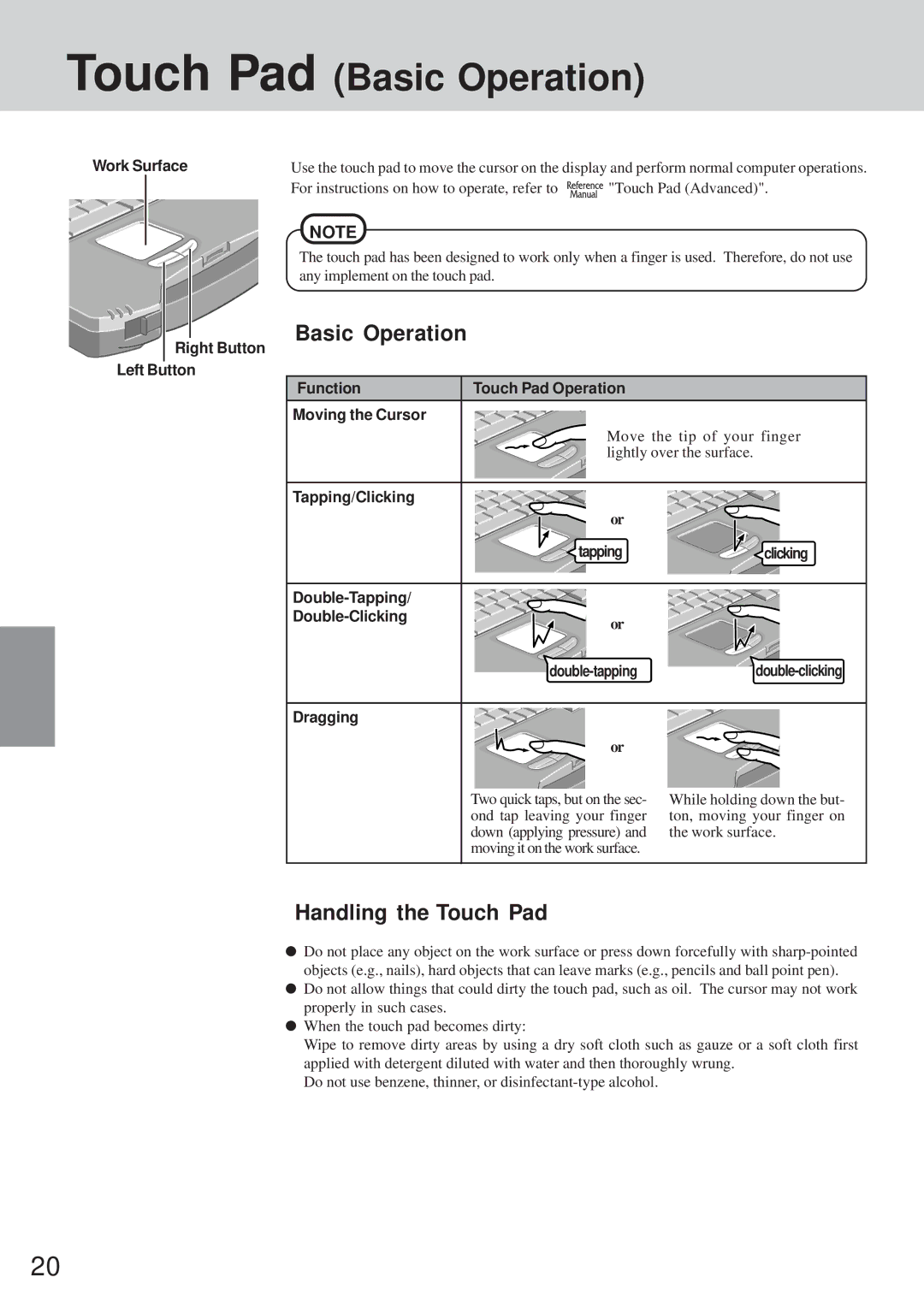 Panasonic CF-72 operating instructions Touch Pad Basic Operation, Handling the Touch Pad, Work Surface, Tapping/Clicking 