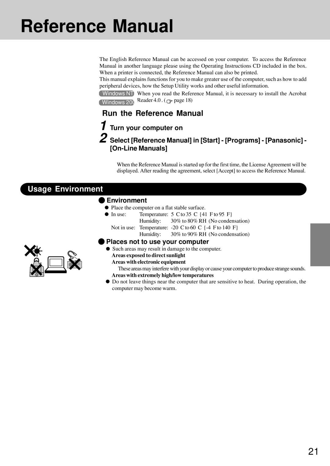 Panasonic CF-72 operating instructions Reference Manual, Usage Environment, Places not to use your computer 