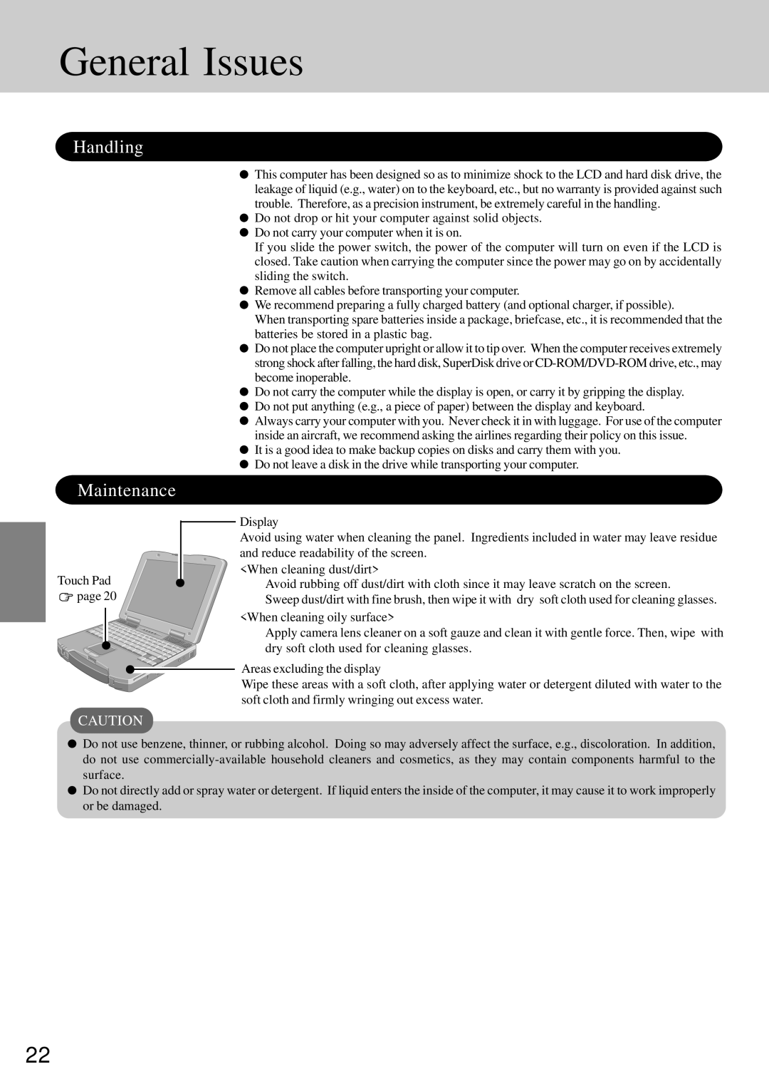 Panasonic CF-72 General Issues, Handling Maintenance, Touch Pad, Display, Areas excluding the display 