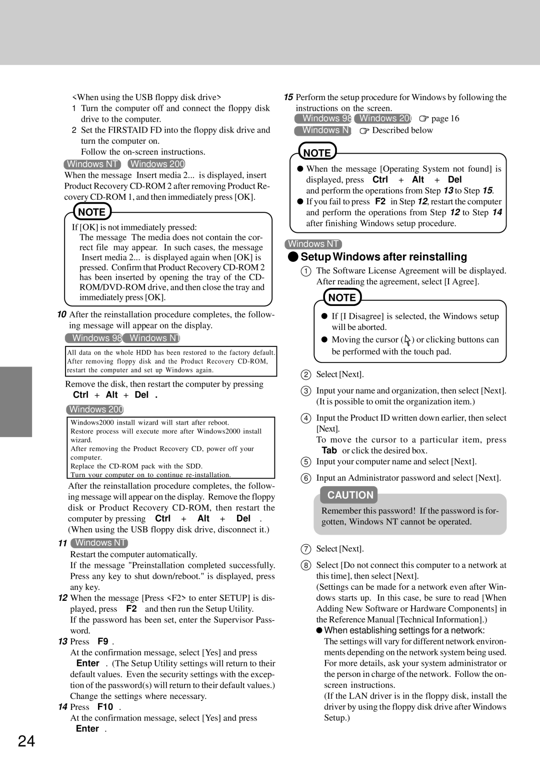 Panasonic CF-72 Setup Windows after reinstalling, Ctrl + Alt + Del, F10, When establishing settings for a network 