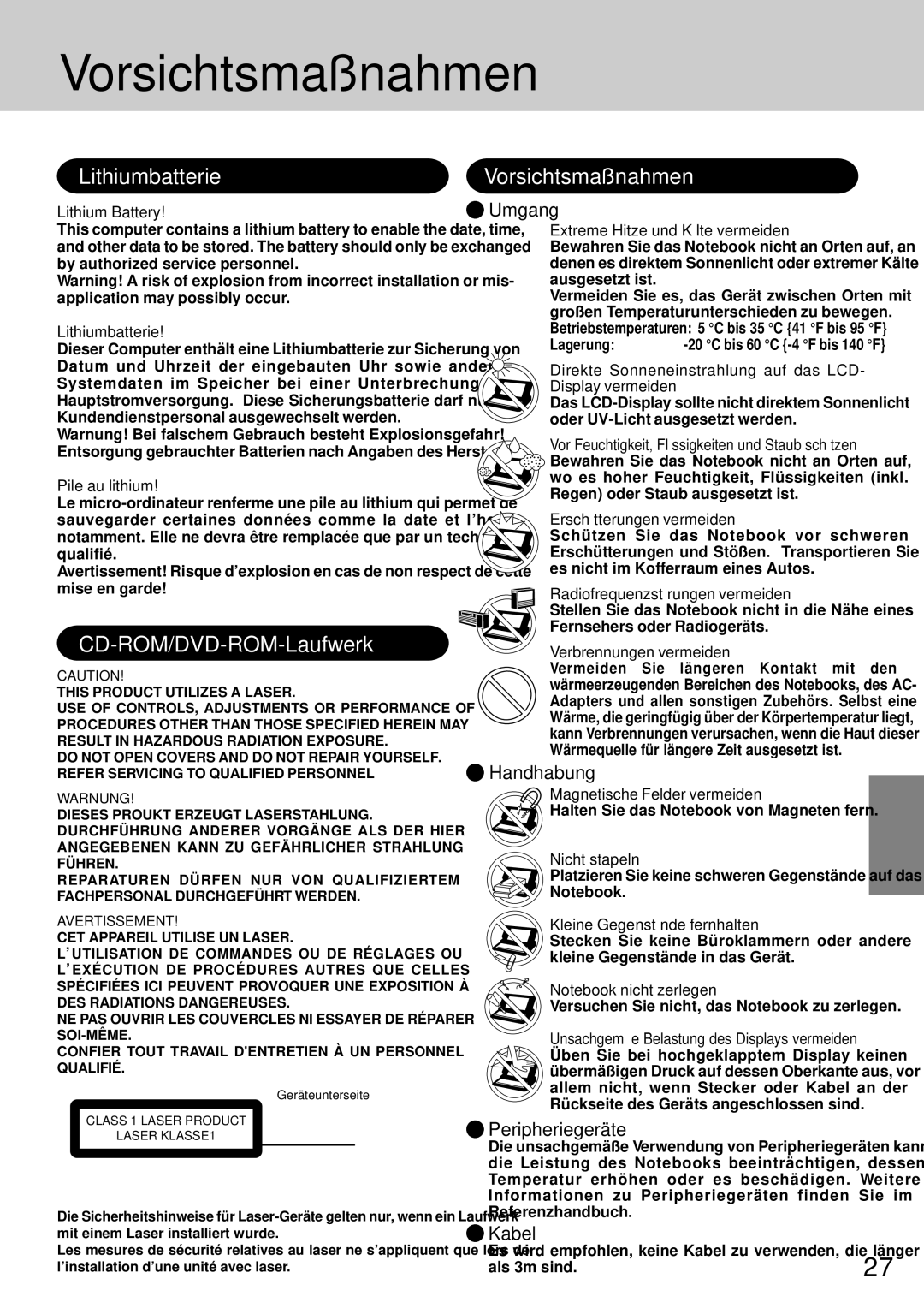 Panasonic CF-72 operating instructions Vorsichtsmaßnahmen, Lithiumbatterie, CD-ROM/DVD-ROM-Laufwerk 