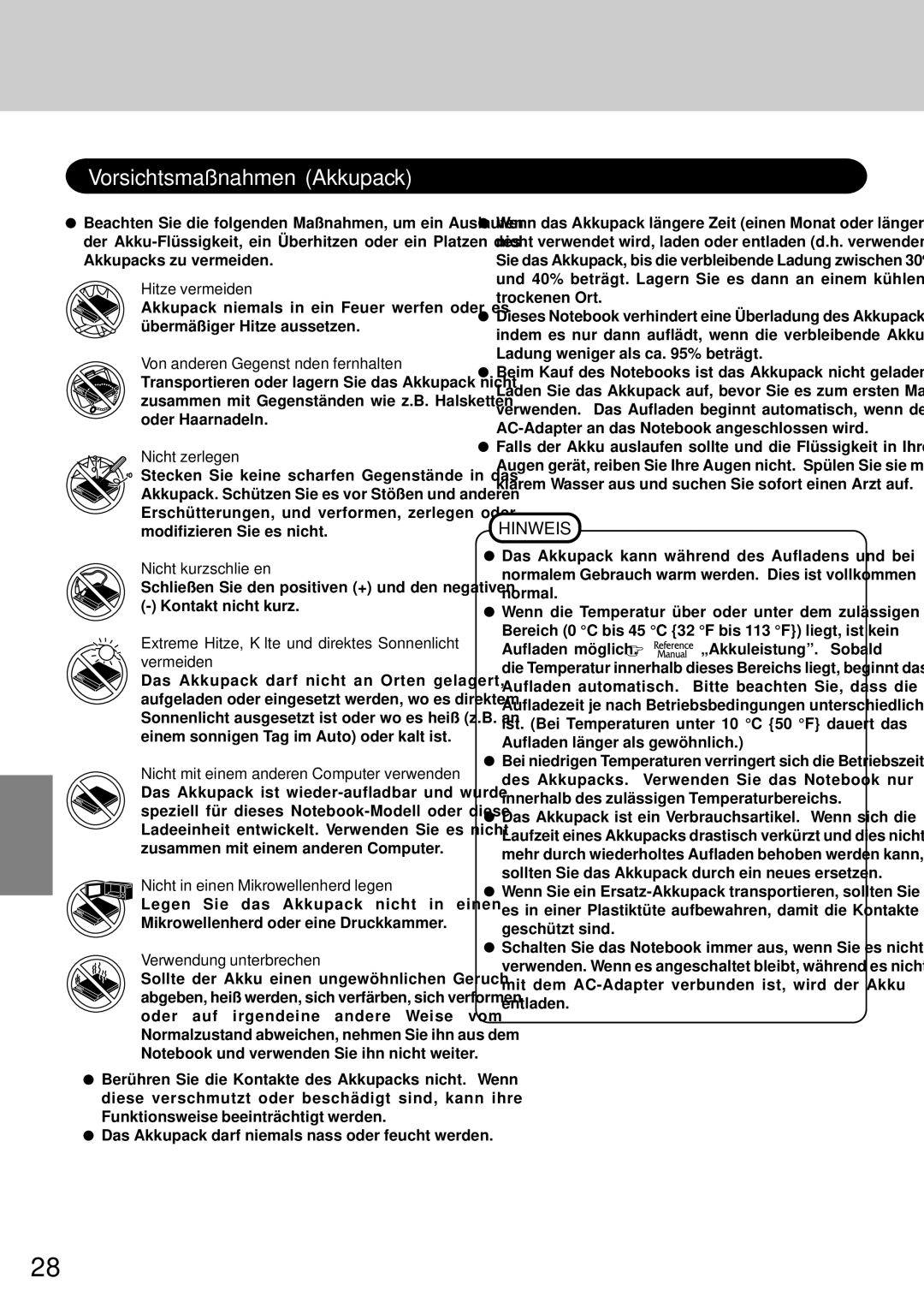 Panasonic CF-72 operating instructions Vorsichtsmaßnahmen Akkupack 