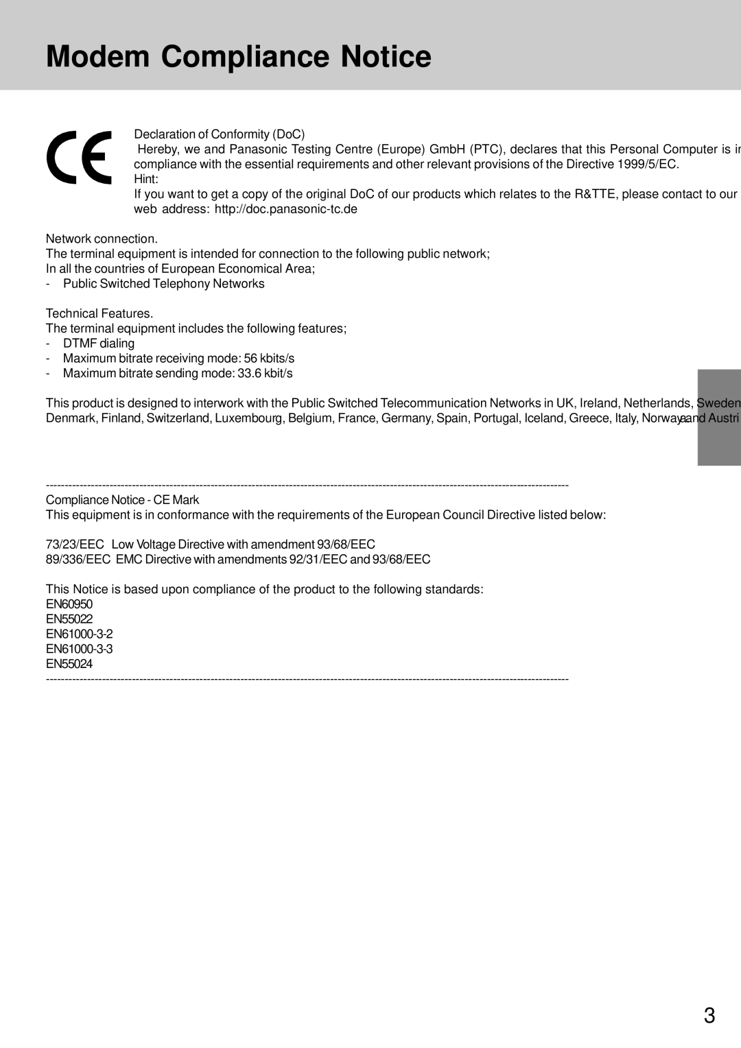 Panasonic CF-72 operating instructions Modem Compliance Notice, Compliance Notice CE Mark 