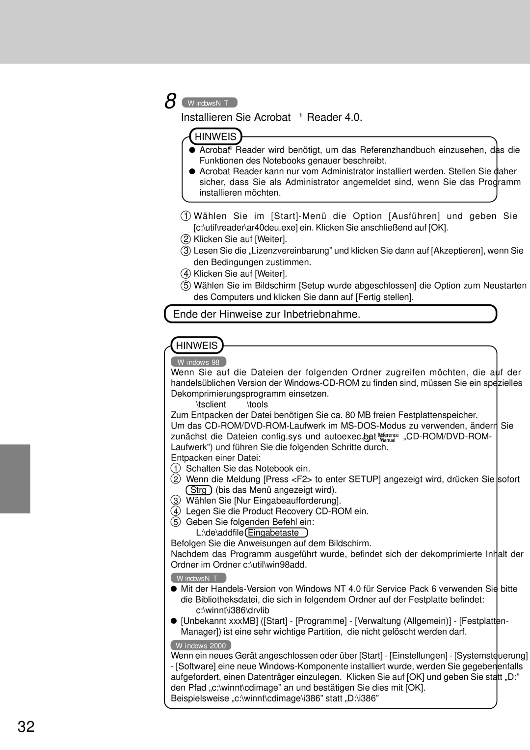 Panasonic CF-72 operating instructions Installieren Sie Acrobat Reader, Ende der Hinweise zur Inbetriebnahme 