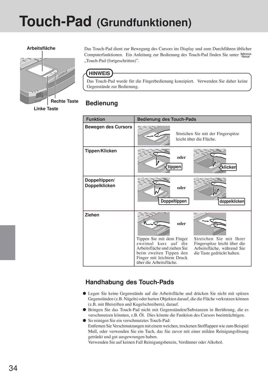 Panasonic CF-72 operating instructions Touch-PadGrundfunktionen, Bedienung, Handhabung des Touch-Pads 