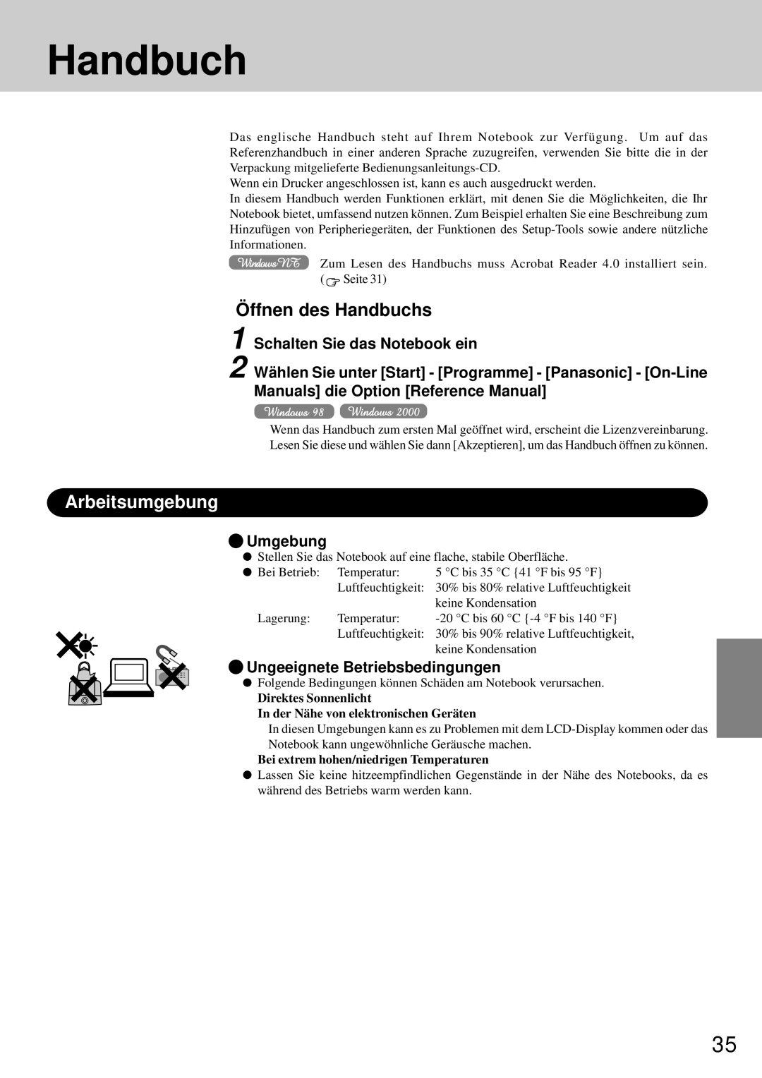 Panasonic CF-72 operating instructions Öffnen des Handbuchs, Arbeitsumgebung, Umgebung, Ungeeignete Betriebsbedingungen 