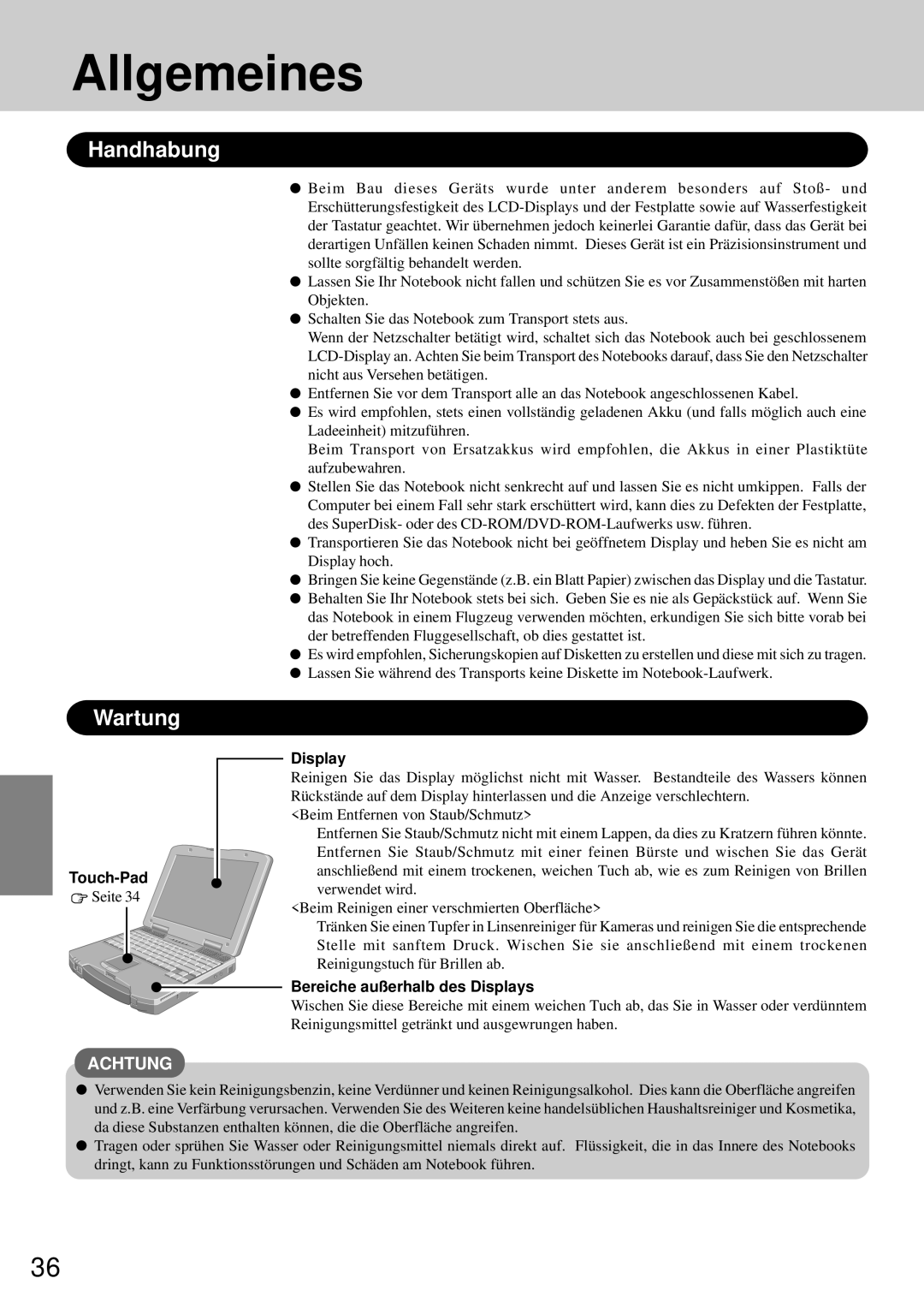 Panasonic CF-72 operating instructions Allgemeines, Handhabung, Wartung, Touch-Pad, Bereiche außerhalb des Displays 