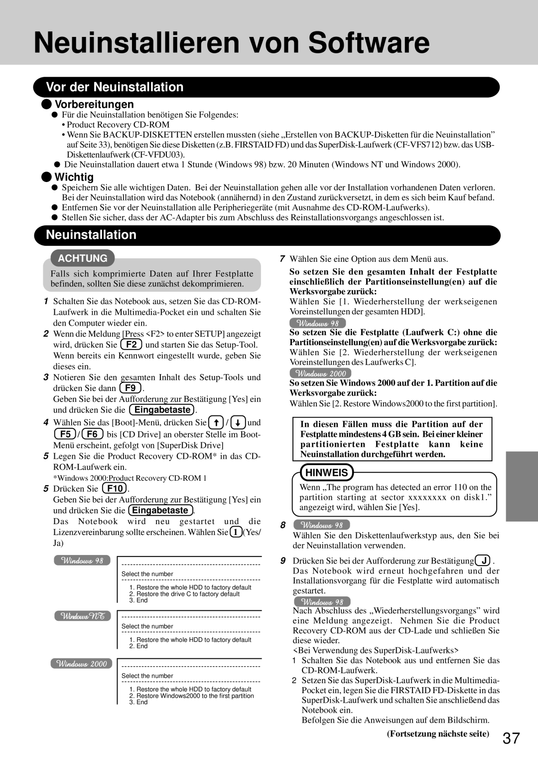 Panasonic CF-72 operating instructions Neuinstallieren von Software, Vor der Neuinstallation, Vorbereitungen, Wichtig 