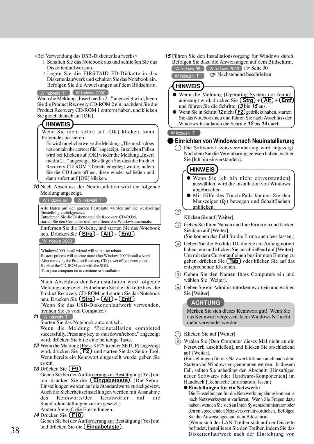 Panasonic CF-72 operating instructions Strg + Alt + Entf, Einstellungen für ein Netzwerk 